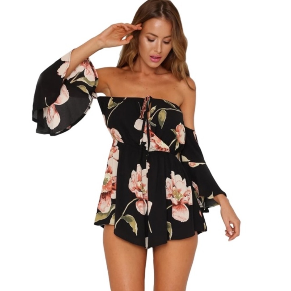 Floral Off Shoulder Tie Front Romper - Picture 3 of 8